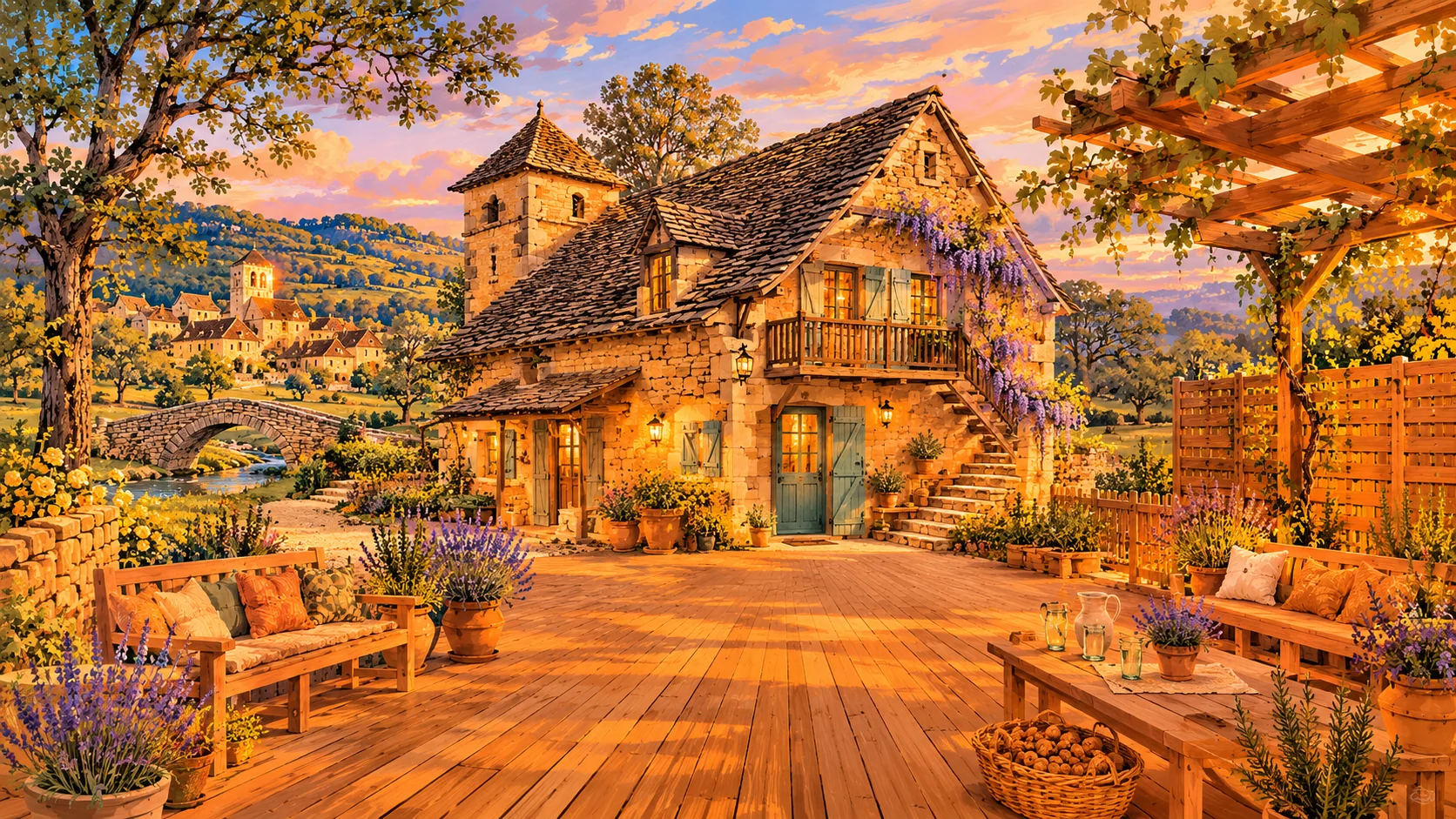 Illustration paysagère du dépôt avec terrasse en bois et clôture